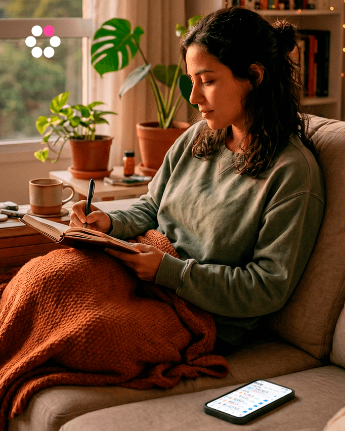 Person journaling on a couch in soft evening light, phone beside them