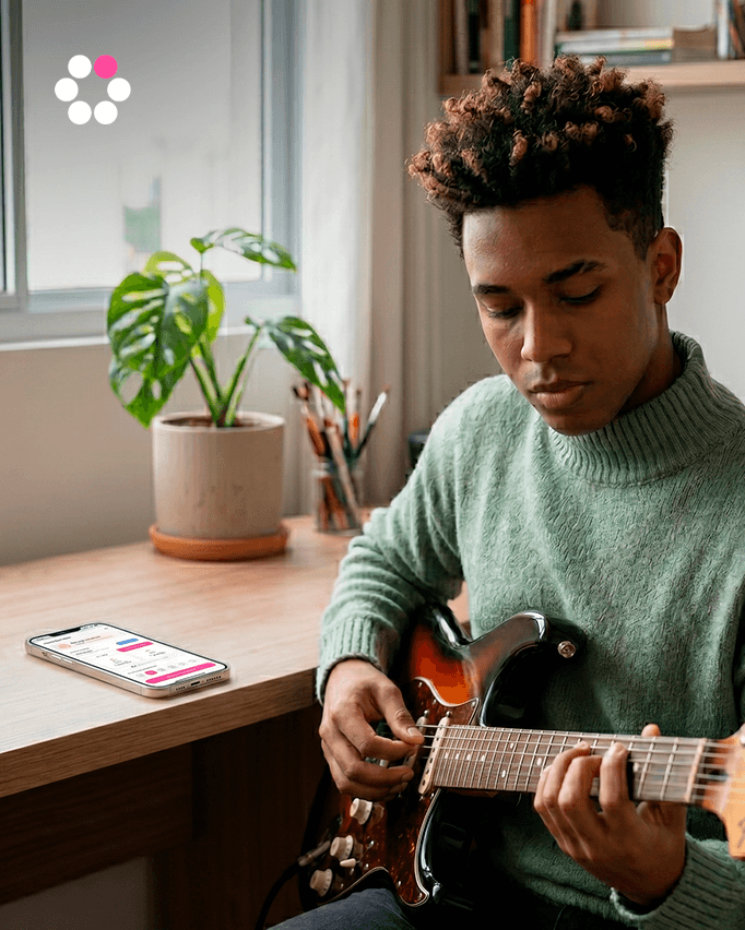 Person practicing or studying with phone running a Session